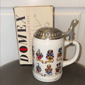 New Vintage Domex German Beer Stein with Pewter Lid & German Provinces Crests